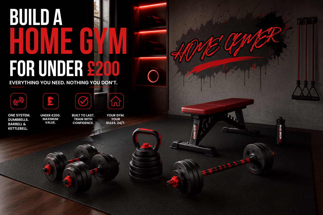 Minimal budget home gym setup with adjustable dumbbells and resistance bands on rubber mat — HOMEGYMER UK