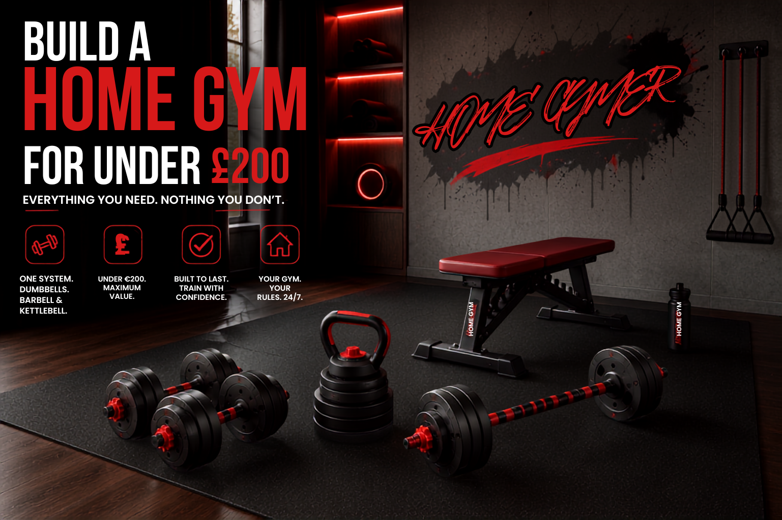 Minimal budget home gym setup with adjustable dumbbells and resistance bands on rubber mat — HOMEGYMER UK