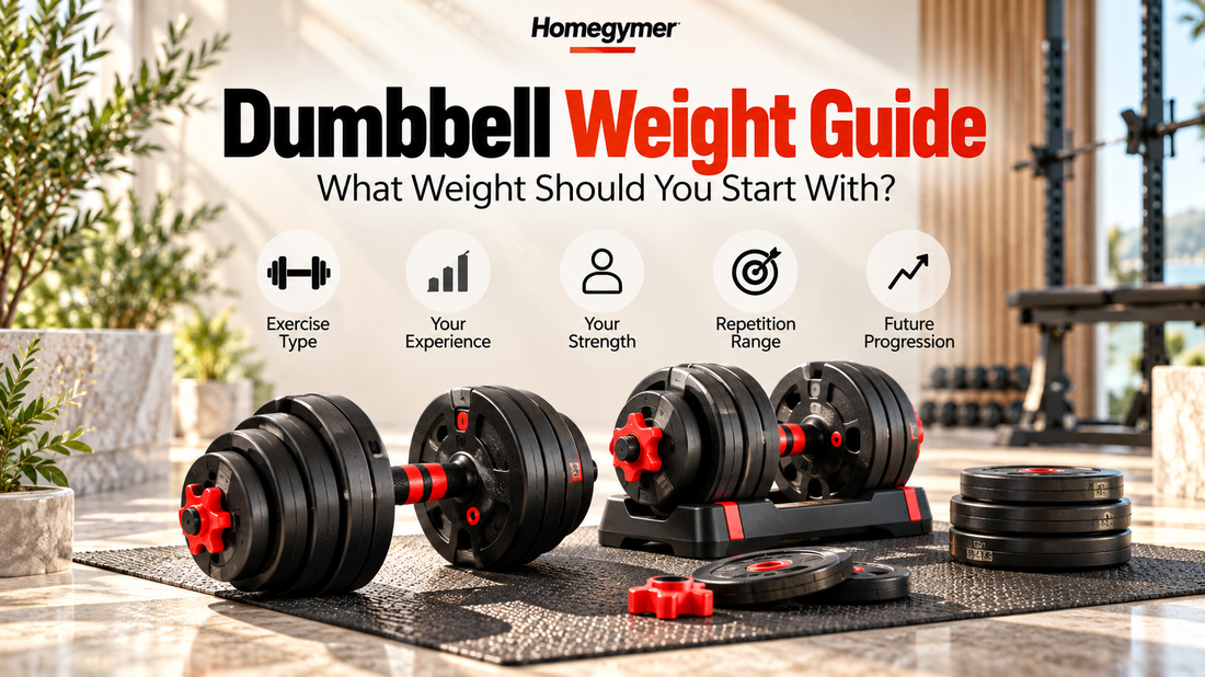 Homegymer adjustable dumbbells and weight plates illustrating how to choose a starting dumbbell weight