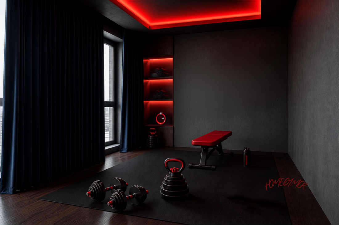 Compact home gym in a UK flat with adjustable dumbbells, kettlebell set and rubber flooring — HOMEGYMER