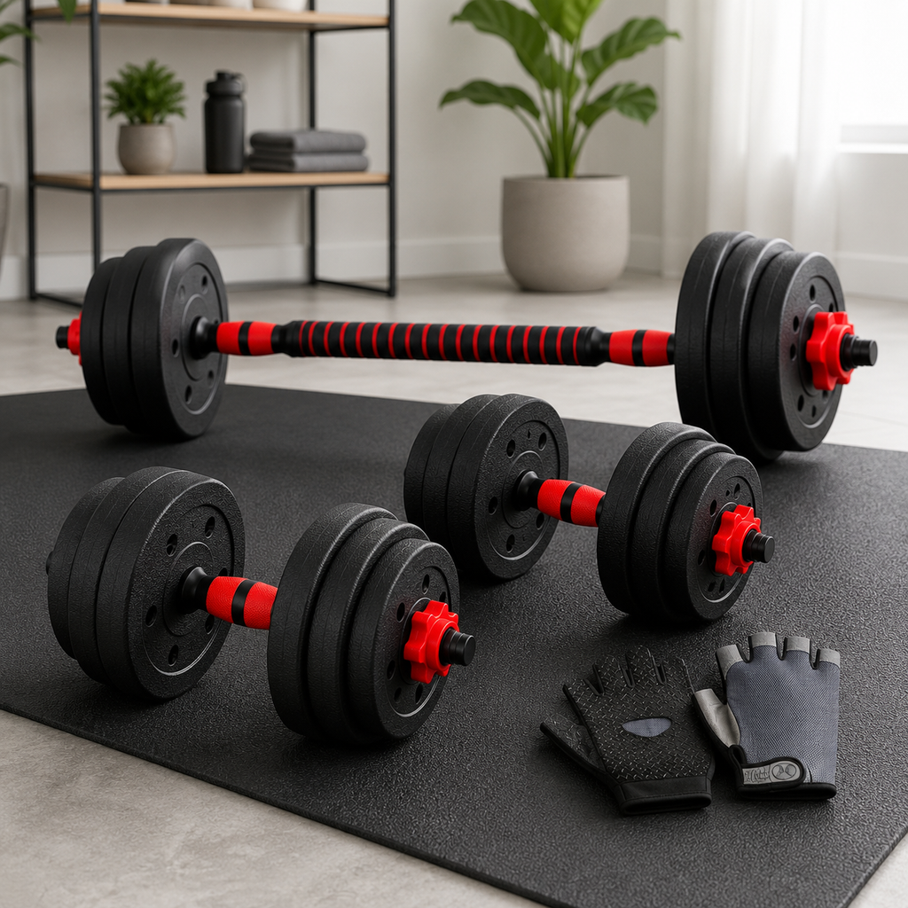 Home Gymer 50KG adjustable dumbbell barbell set complete flat lay with plates collars connector and bonus gloves - Standard Set