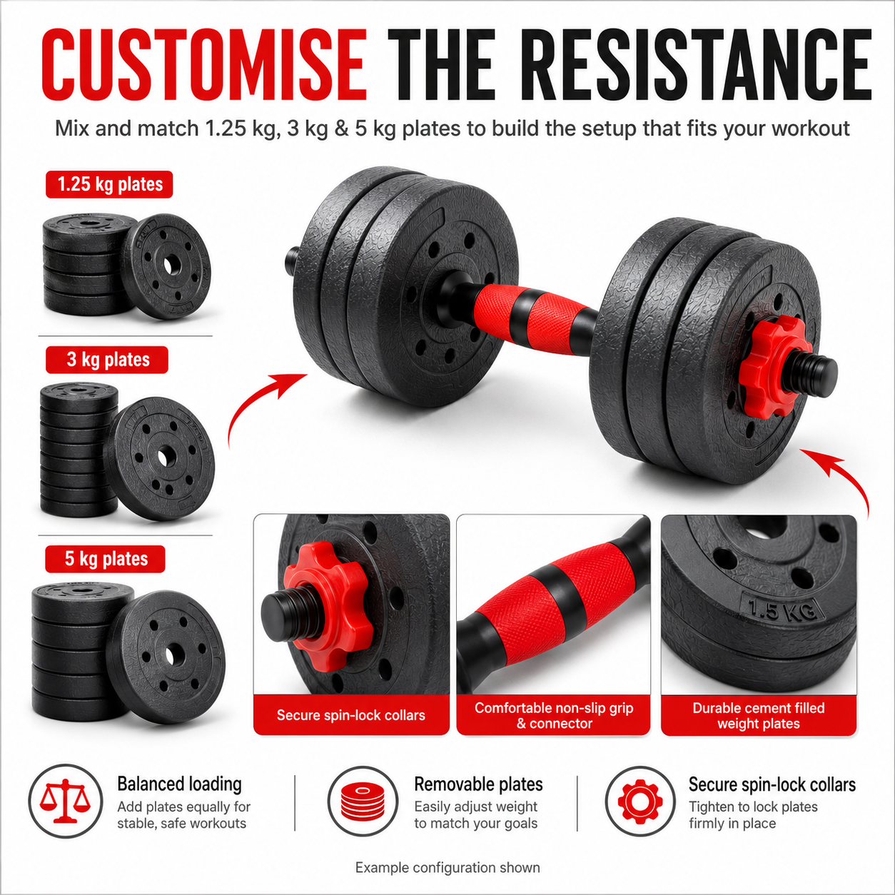 Customise resistance with Home Gymer 50KG Standard Set - mix 1.25kg 3kg 5kg plates with spin-lock collars and non-slip grip - Standard Set