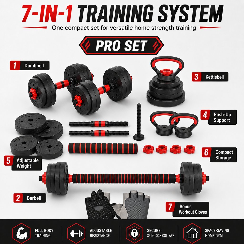 Home Gymer 50KG Pro Set complete contents - dumbbell barbell kettlebell push-up support adjustable weights - Pro Set