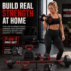 Woman training at home with Home Gymer 7-in-1 Pro Set - dumbbell barbell kettlebell system - Pro Set