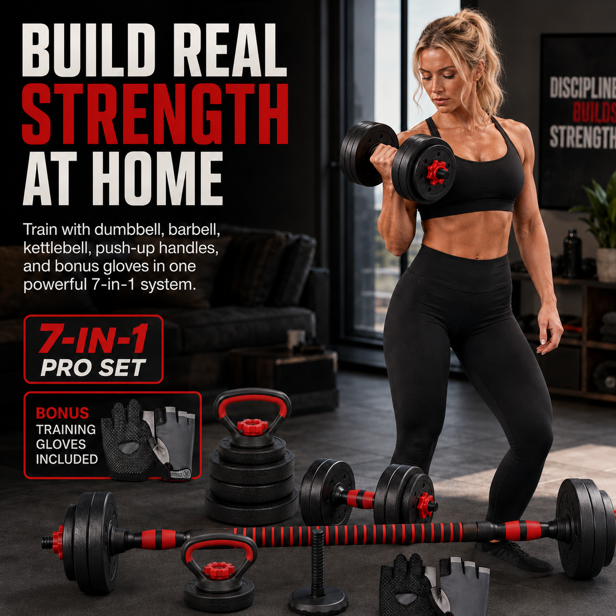 Woman training at home with Home Gymer 7-in-1 Pro Set - dumbbell barbell kettlebell system - Pro Set