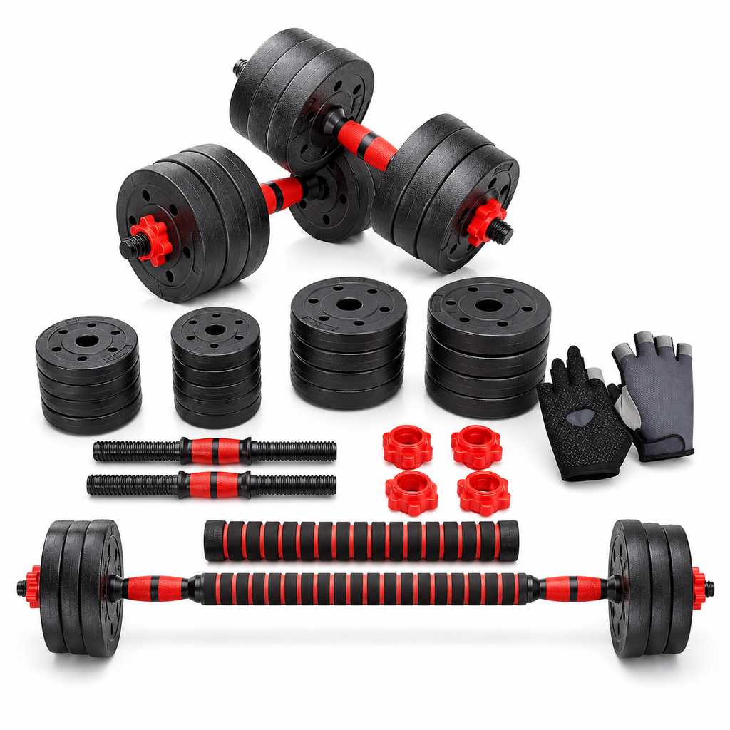 Adjustable dumbbell set with black weight plates, red handles, a red-and-black adjustable barbell, black grip gloves, and red locking nuts on a white background.