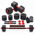 Adjustable dumbbell set with black weight plates, red handles, a red-and-black adjustable barbell, black grip gloves, and red locking nuts on a white background.