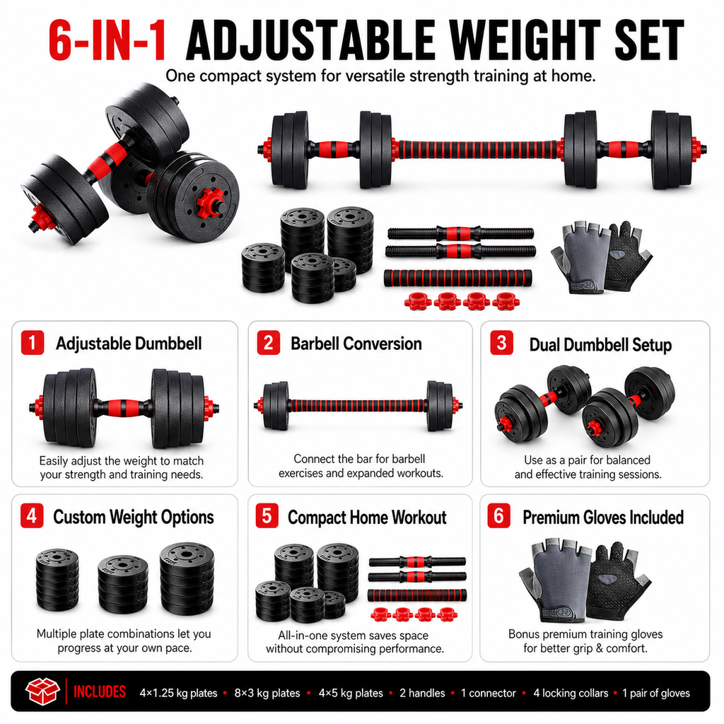 Home Gymer 50KG adjustable dumbbell barbell set complete flat lay with plates collars connector and bonus gloves - Standard Set