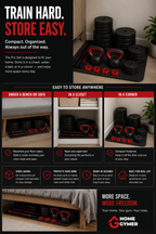 Home Gymer 50KG Pro Set compact storage options - under bench, closet and corner - Pro Set